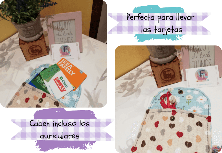 Dos imágenes de la carterita. En una se muestra que caben multitud de tarjetas y en la otra que tiene cabida también para unos auriculares.